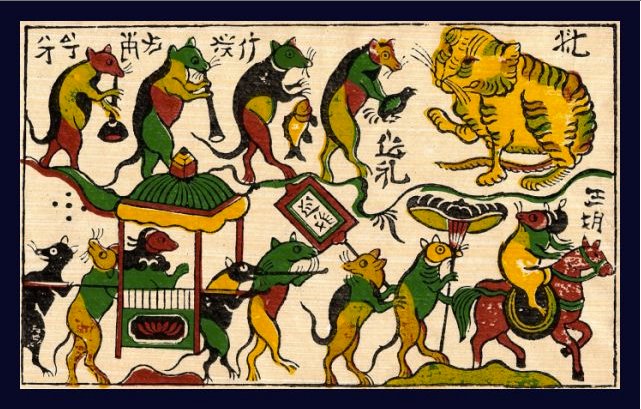 This traditional Vietnamese print depicts corruption in the form of rats bribing a cat in order to celebrate a wedding.