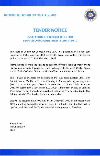 India Cricket Board BCCI Tender Notice for Team India Sponsor Rights 2014 to 2017